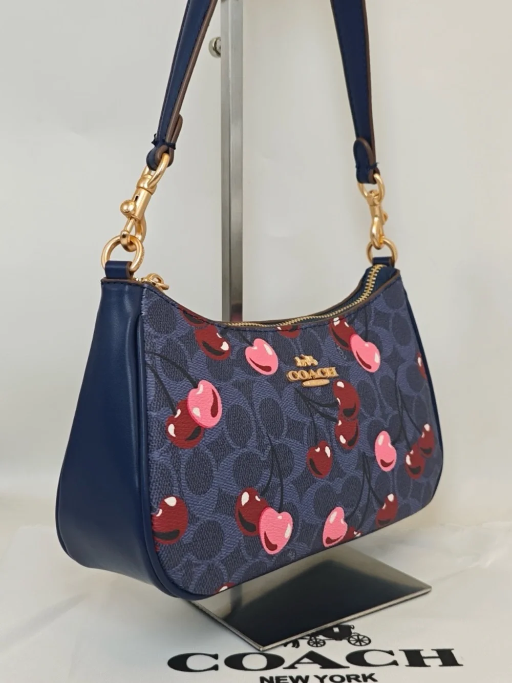 Coach Navy Cherry Print Shoulder Bag with Pink & Red Accents
